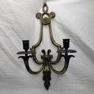 Vintage Brass Wall Sconce with Black Holders